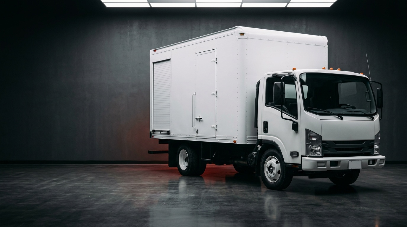 A clean white cab-over commercial box truck with a dry van box body, parked in a dark studio