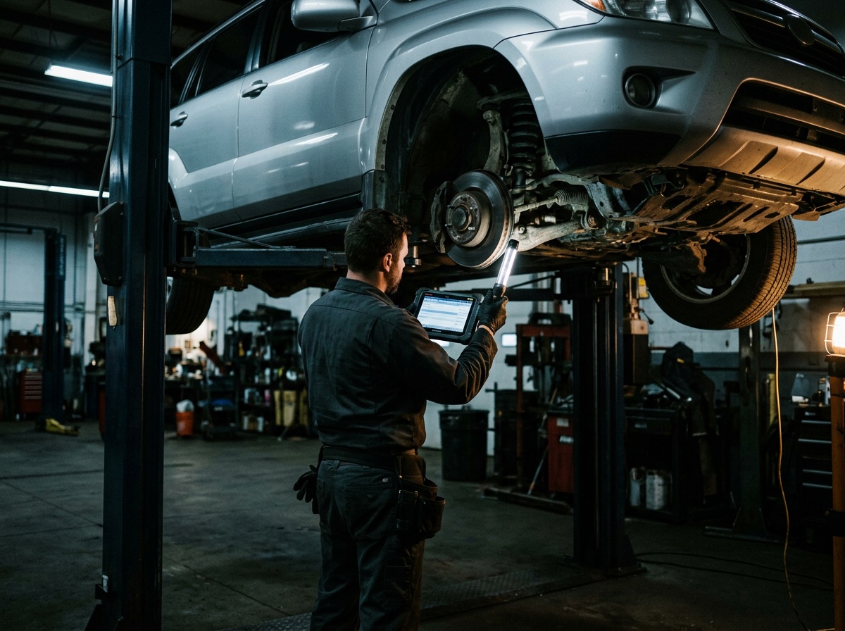 Technician with a tablet and work light inspecting the wheel, brakes and suspension of an SUV raised on a shop lift