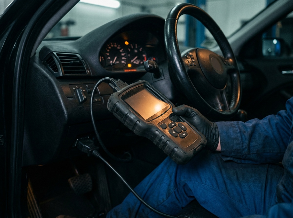 Technician holding a handheld scan tool plugged into a car's diagnostic port, with the check engine light lit on the dashboard behind it