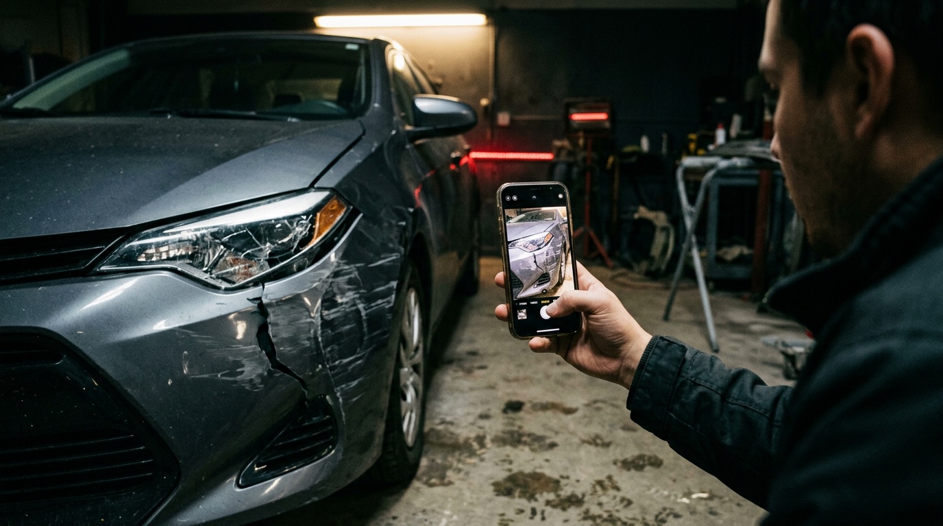 A driver photographing a dented, scraped front bumper and cracked headlight with a phone for a body shop estimate