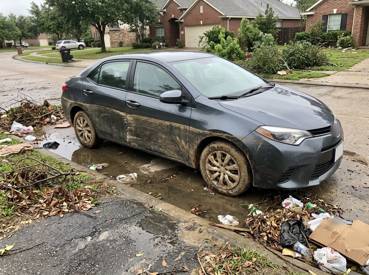 A grey sedan on a Houston street after the floodwater went down, with a mud line across the doors and storm debris along the curb