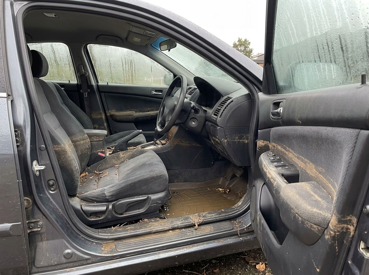 Inside a flooded sedan: muddy water pooled on the driver floor mat, a silt line across the seats and door panel, and fogged-up windows
