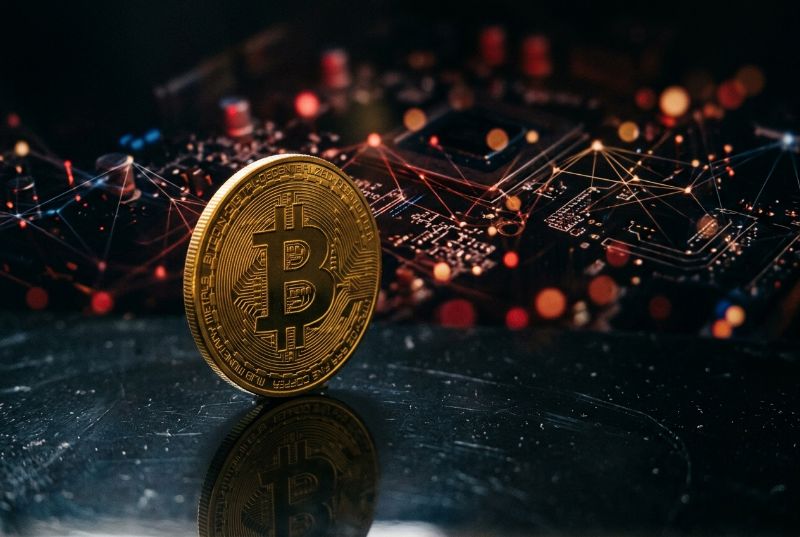 A gold Bitcoin coin standing on its edge in front of glowing circuitry