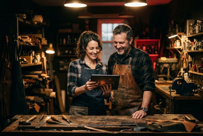 Two small business owners in aprons smiling at a tablet in their workshop