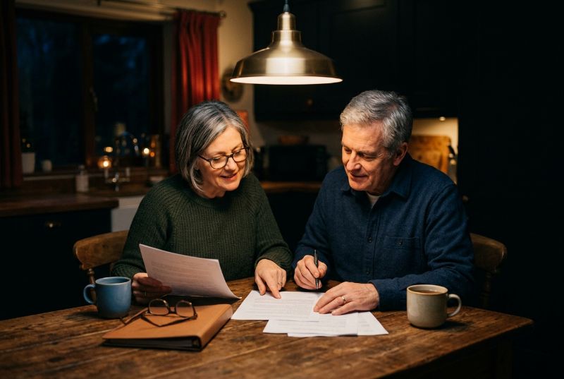 A couple at their kitchen table going over estate planning papers together