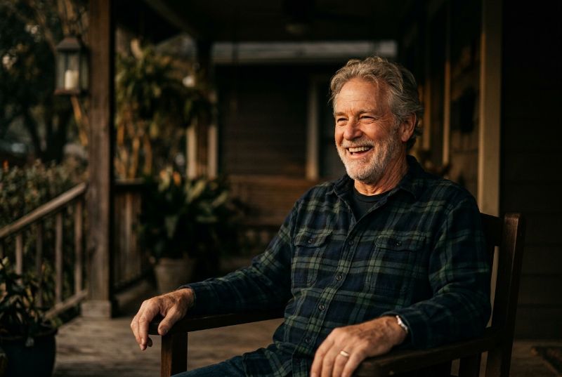 A smiling retired man relaxing in a chair on his front porch
