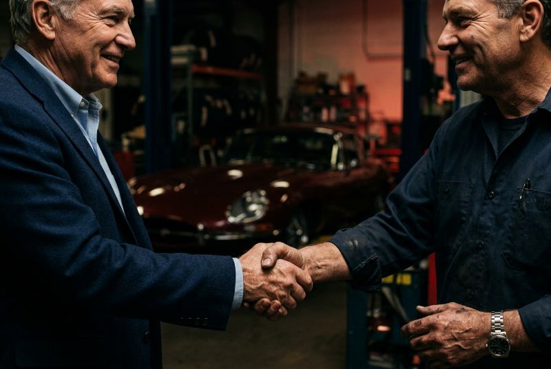 A donor in a blazer shaking hands with a shop owner inside an auto body shop