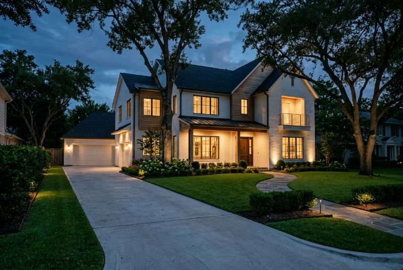 A two-story Houston home at dusk with warm lights in the windows