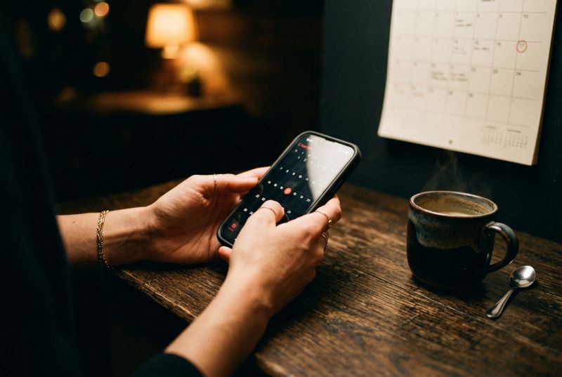 Hands holding a phone with a calendar open, one date circled in red