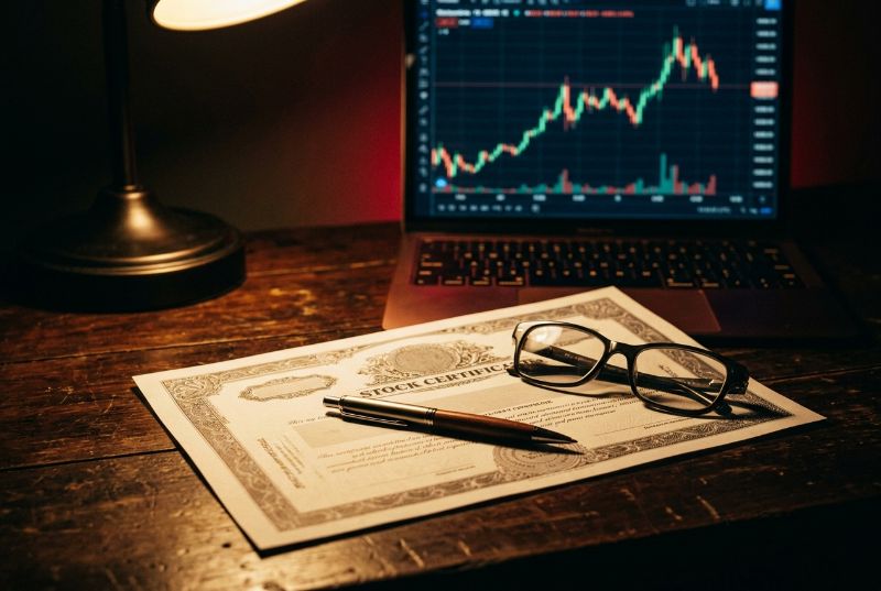 A stock certificate, pen and reading glasses on a desk in front of a laptop showing a rising market chart
