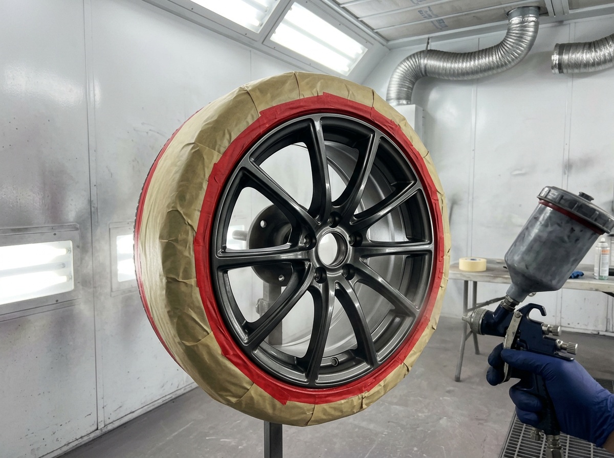 An alloy wheel masked on a stand in a paint booth, freshly sprayed in a gunmetal finish