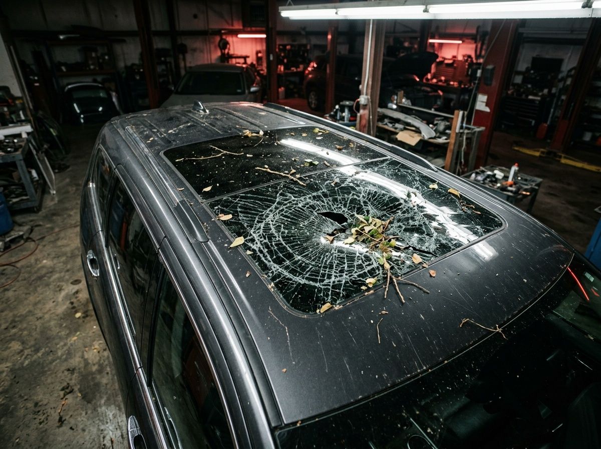 An SUV roof in a body shop with the sunroof glass shattered and leaves and twigs from a fallen branch on top