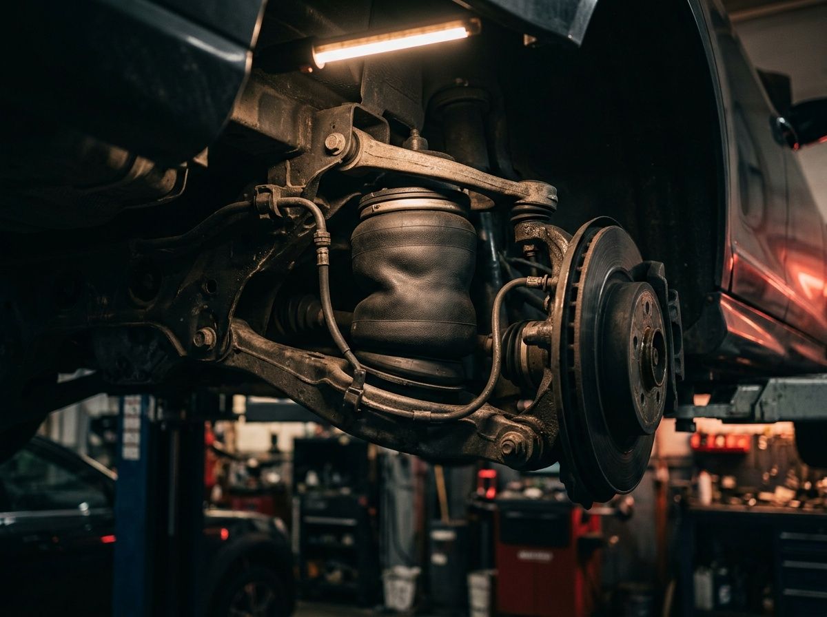A rubber air spring on a car's rear airbag suspension, seen in the wheel well on a lift