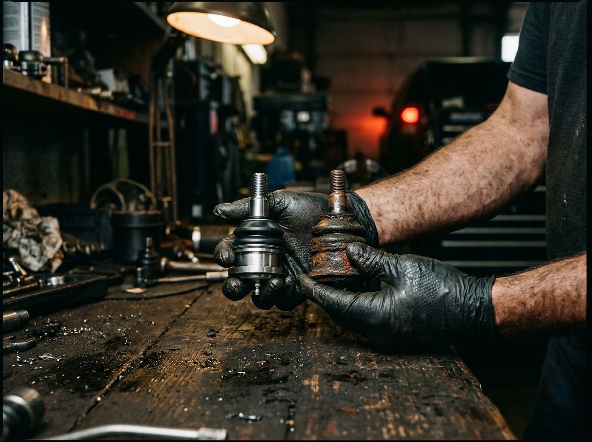 Gloved hands holding a new ball joint beside a worn, rusty one over a workbench