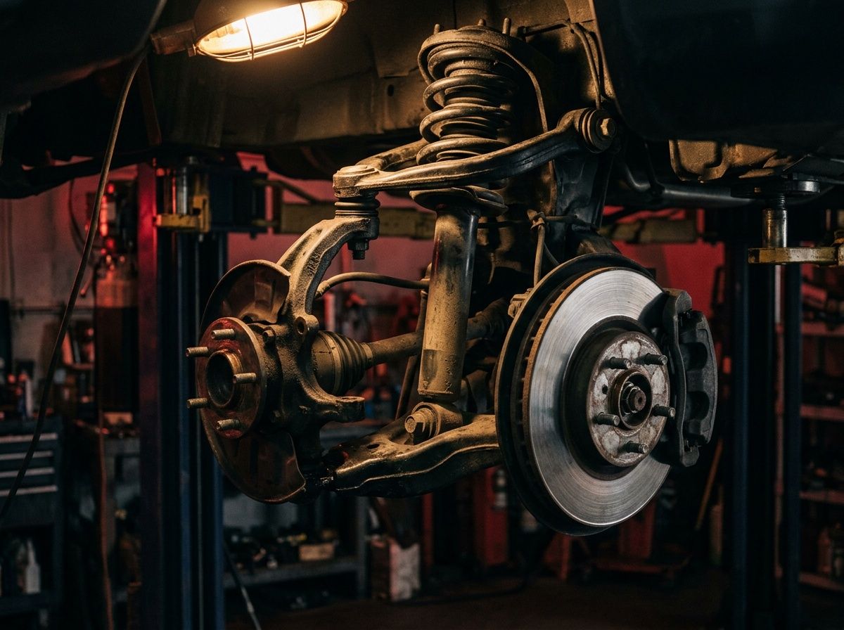 A car's front independent suspension on a lift: control arms, coil spring over strut, knuckle and brake rotor