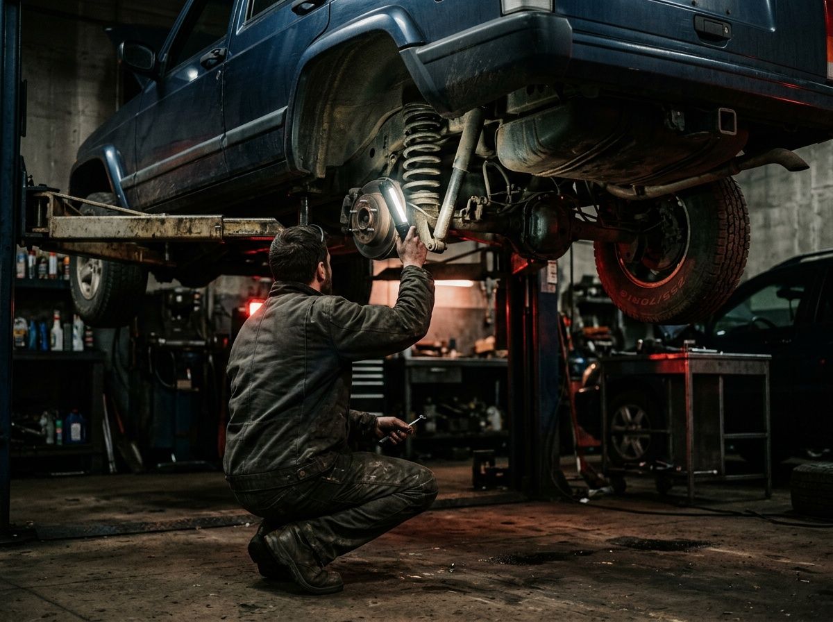 A technician under a car on a lift, shining a flashlight on the coil spring and shock to inspect the suspension