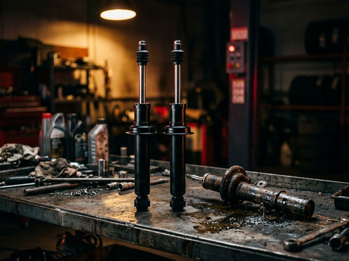 A pair of new shock absorbers standing on a workbench beside an old, oily shock