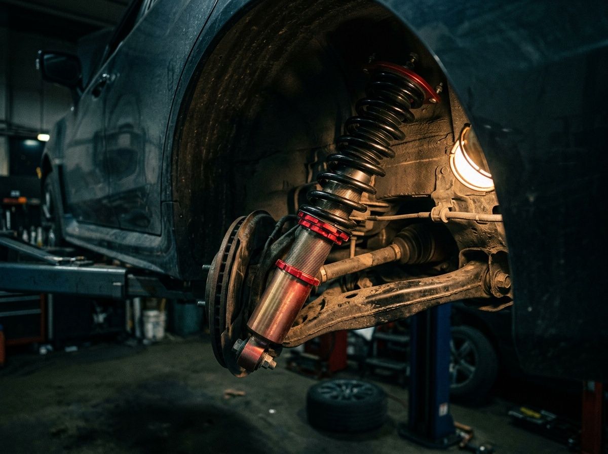 A coilover strut with a black coil spring and red spring collar installed in a car's wheel well