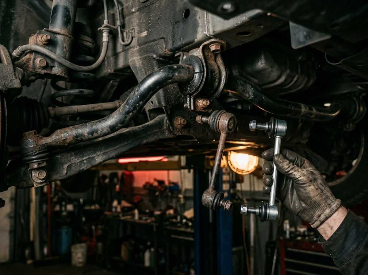 A technician's gloved hand holding a new sway bar end link next to the worn one under a car