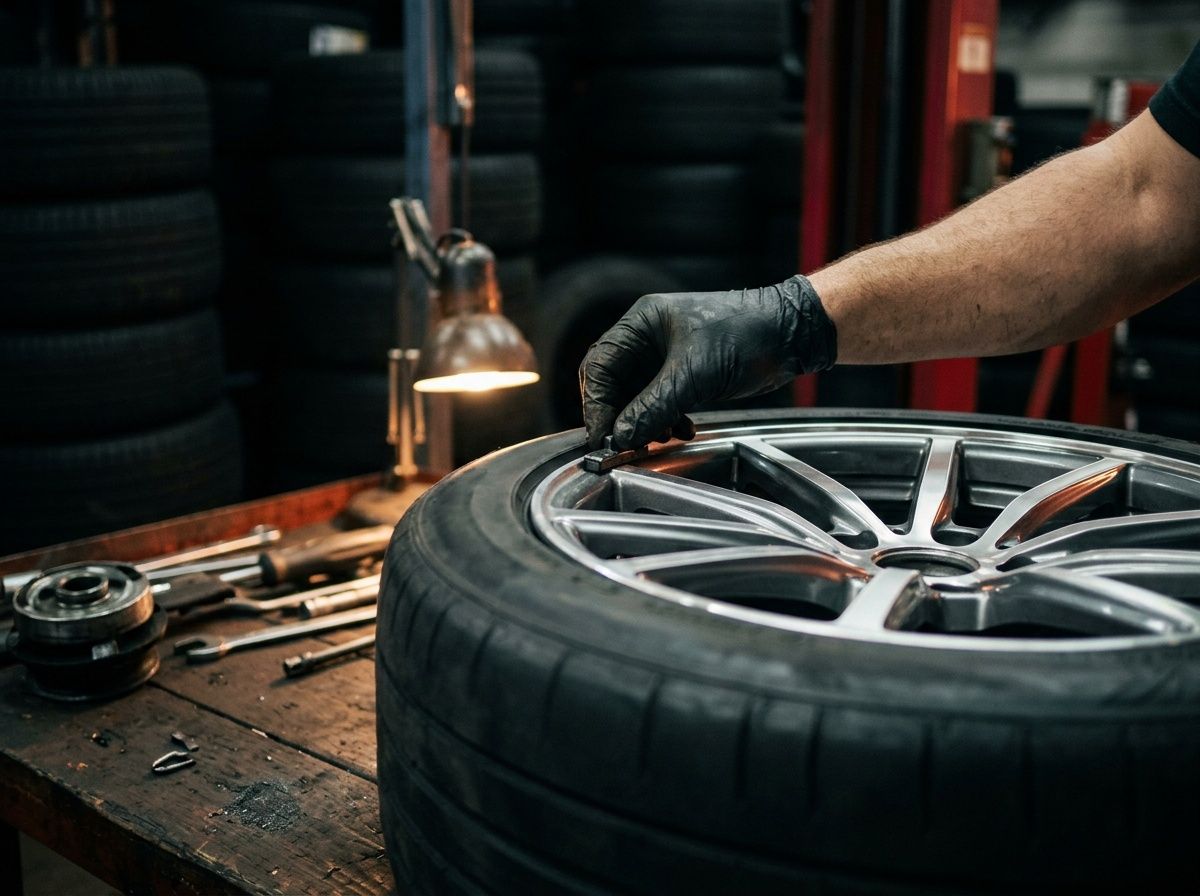 A technician's gloved hand fitting a balancing weight to the rim of an alloy wheel