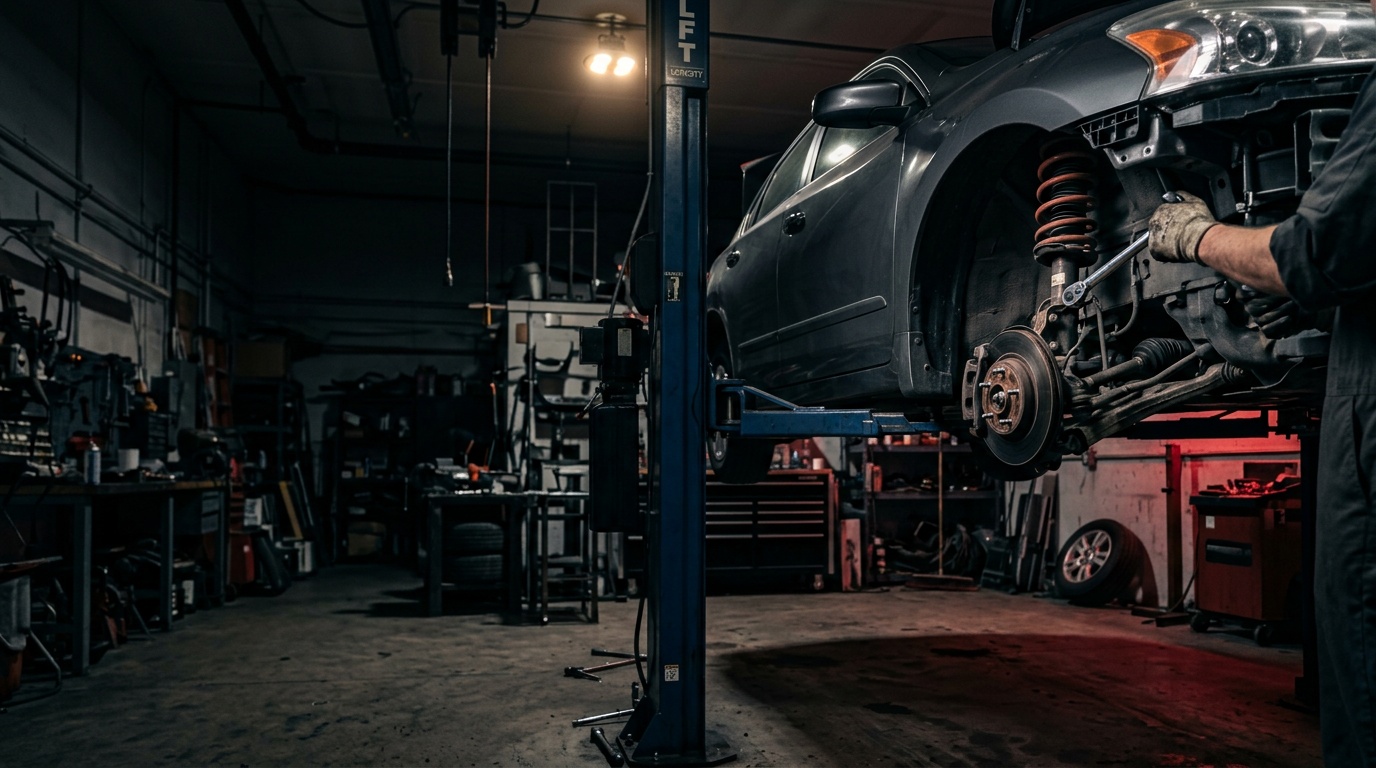 A dark sedan raised on a lift in a repair bay with the front wheel off, a technician working on the strut and coil spring