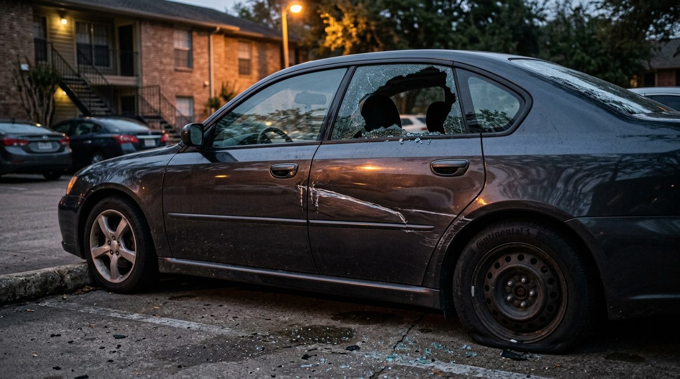 A dark sedan in an apartment parking lot with keyed doors, a smashed rear side window and a slashed rear tire