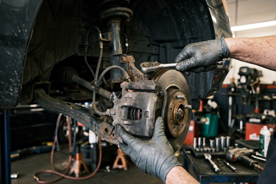 Technician unbolting a corroded brake caliper from the rotor with the wheel removed